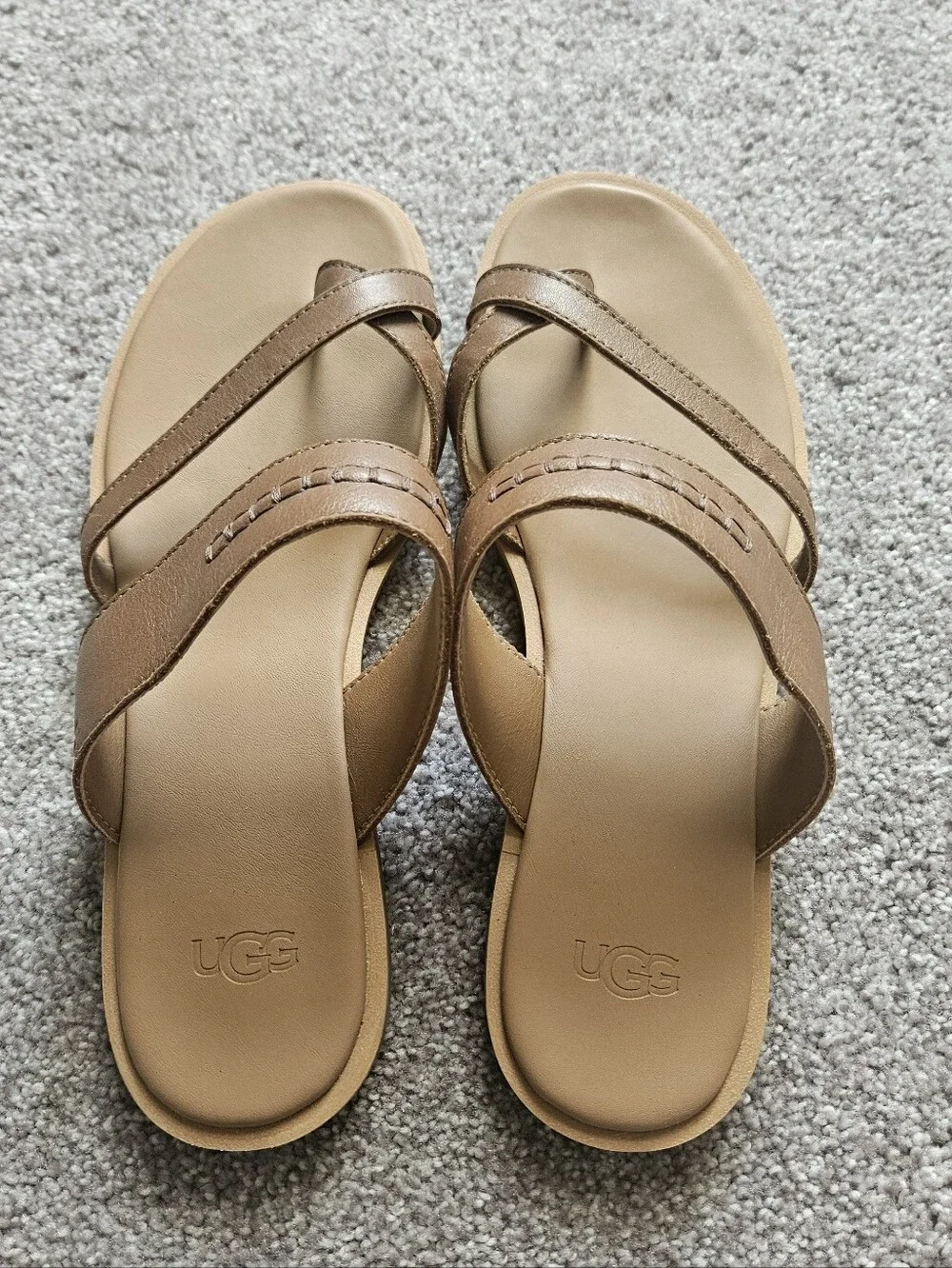 UGG Brown Leather Toe-Loop Slide Sandals